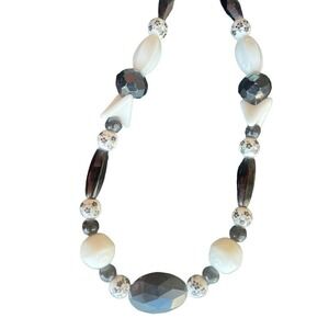 1950s Czech Mardi Gras Glass Bead Necklace Black & White Handmade Artisan Granny
